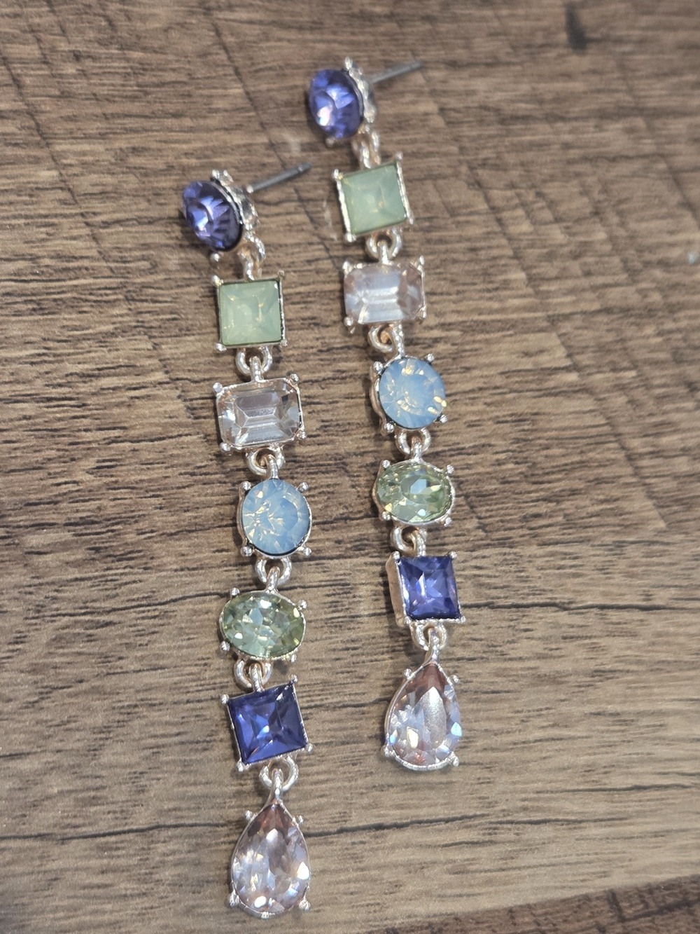 Gold-Tone Drop Earrings with Blue, Green and Clear Gemstones